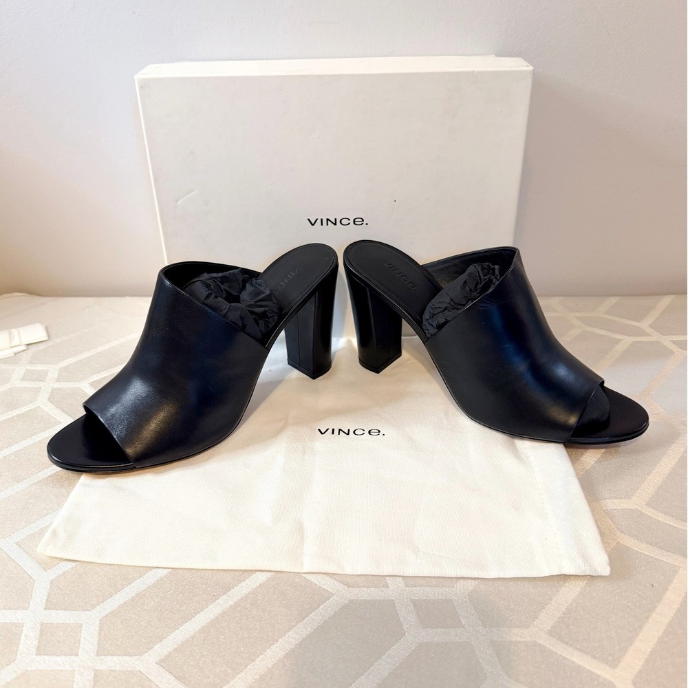 Vince Peep Toe Mules Women 10 Black Excellent Leather Block Heel Made in Italy